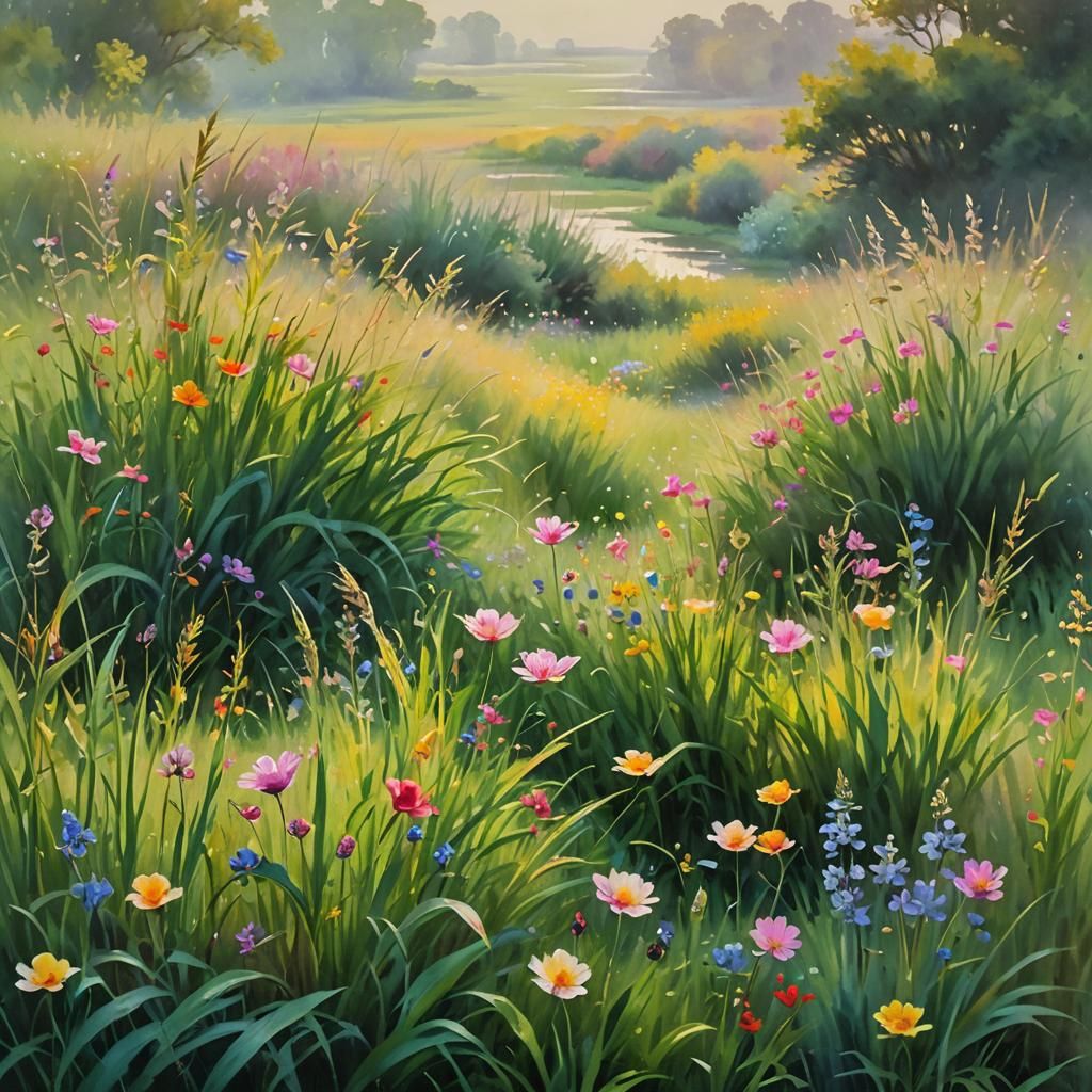 Impressionist Dew-Kissed Meadow in Morning Light