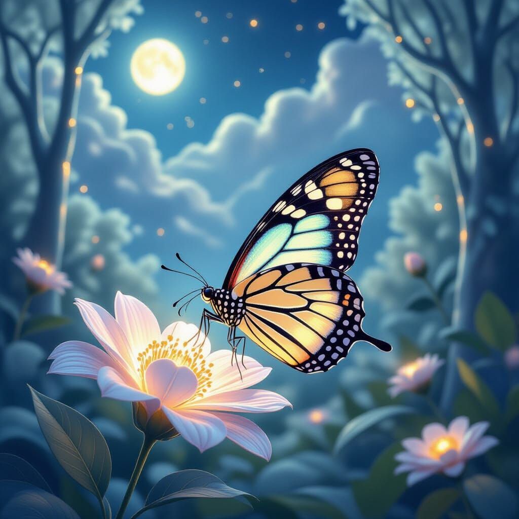 Bioluminescent Butterfly in Moonlit Garden, Digital Art
