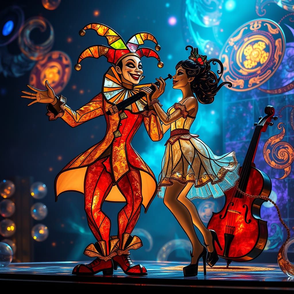 Vibrant Baroque Stained Glass Figures Dance in Cosmic Hologr...