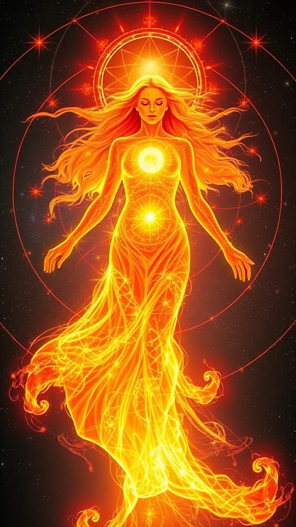 Celestial Goddess of Atomic Power in Golden-Red Cosmic Fire