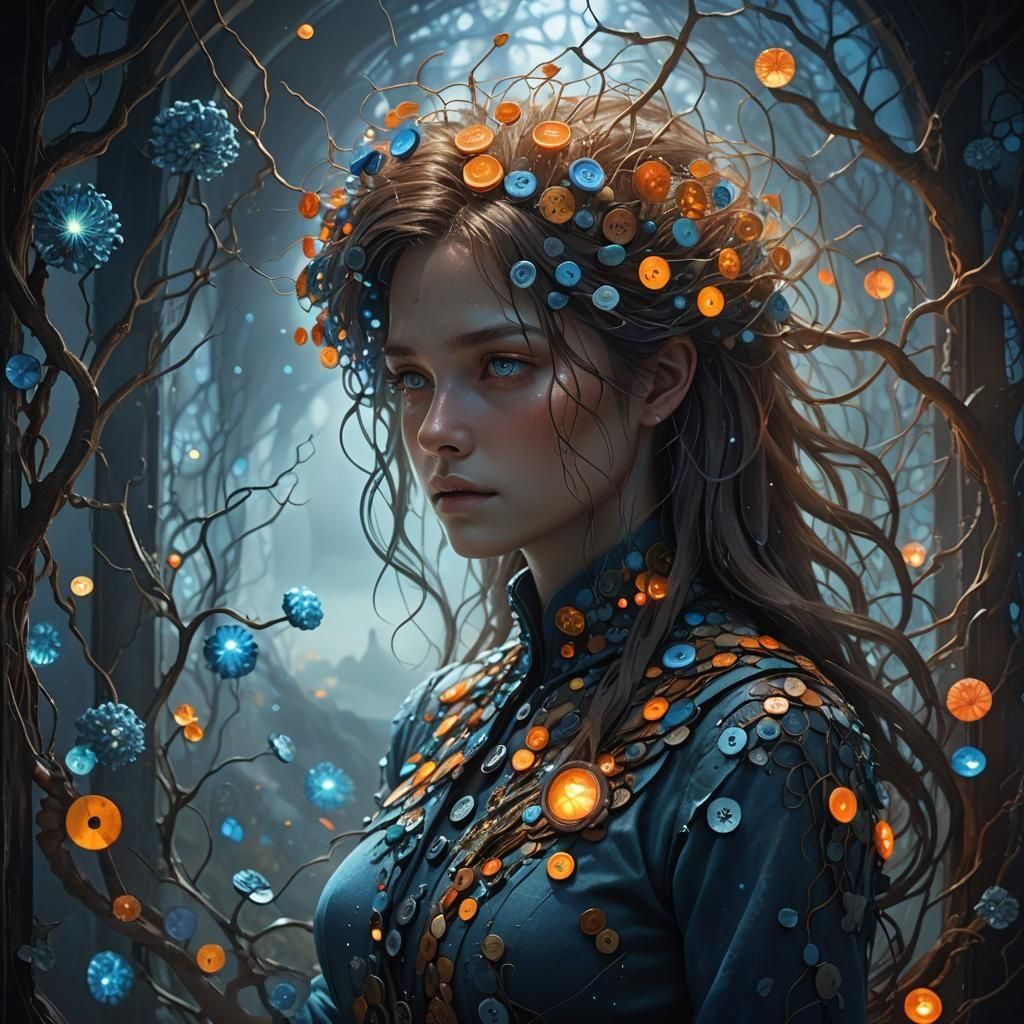 Woman with Button Hair: Detailed Fantasy Art