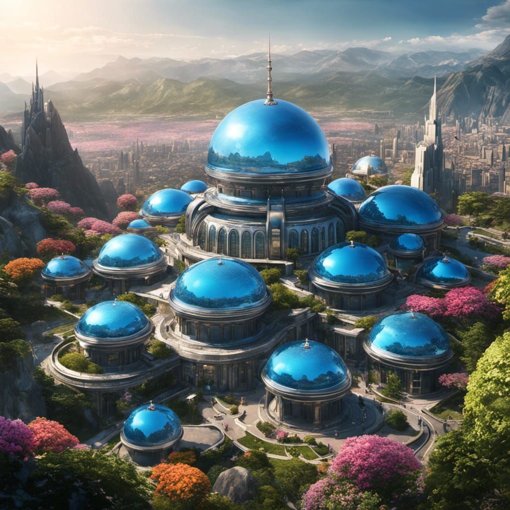 Futuristic Dome City with Mountain Backdrop