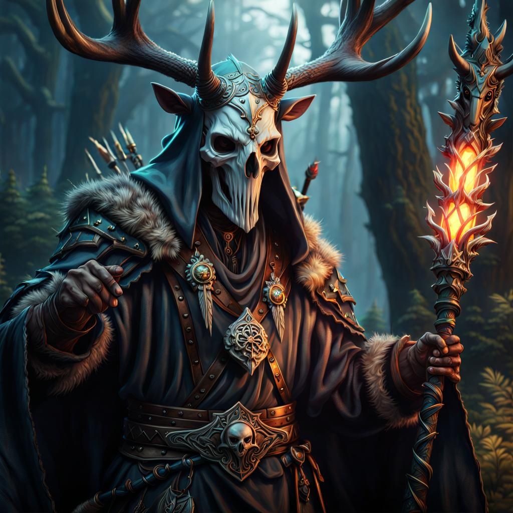 Grim Druid Fighting Monsters in Detailed Matte Painting