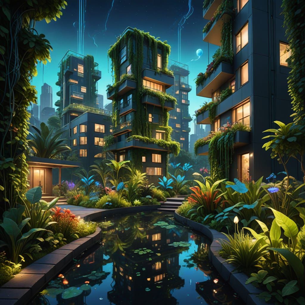 Vibrant Urban Garden Concept Art with Bioluminescent Plants