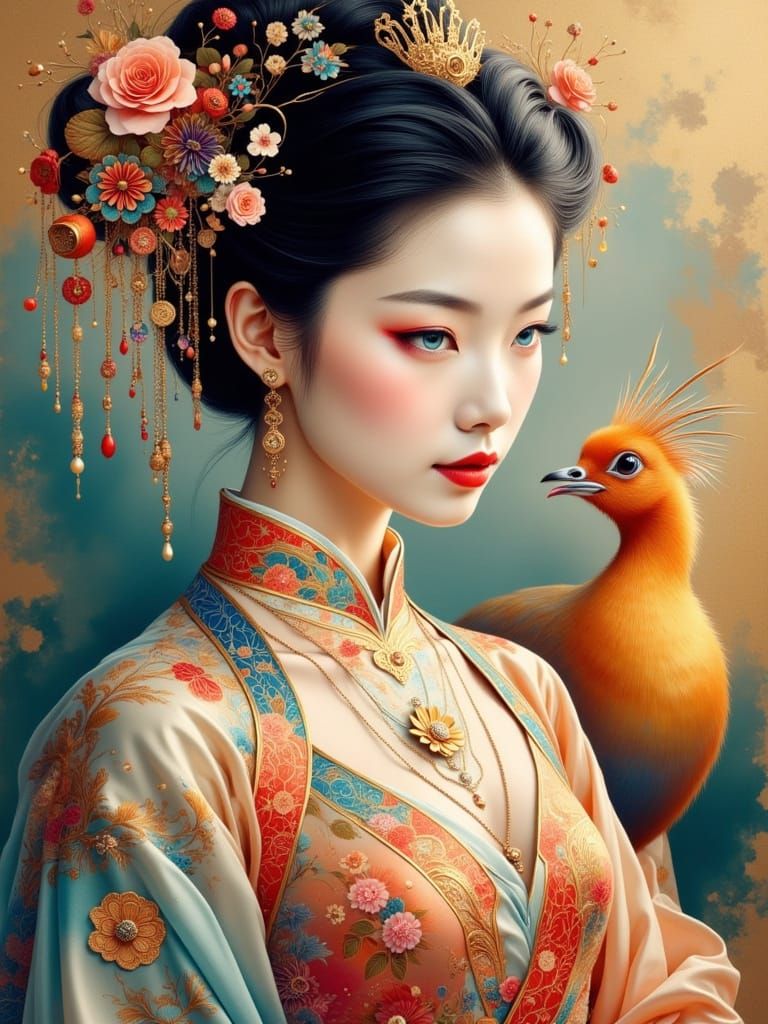 Elegant Princess in Hanfu with Golden Pheasant, Baroque Styl...