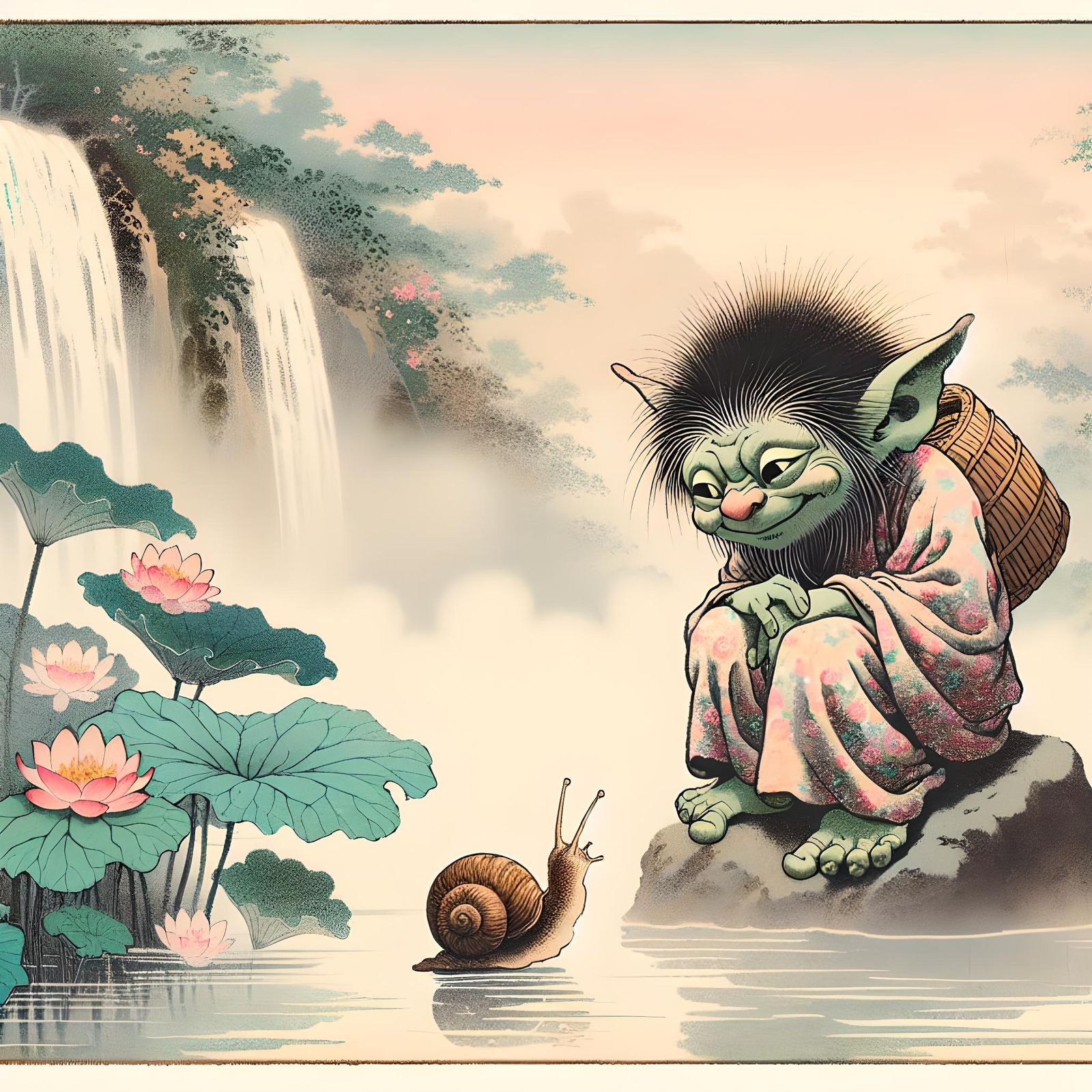 Gremlin and Snail Conversation in Ukiyo-e Dreamscape