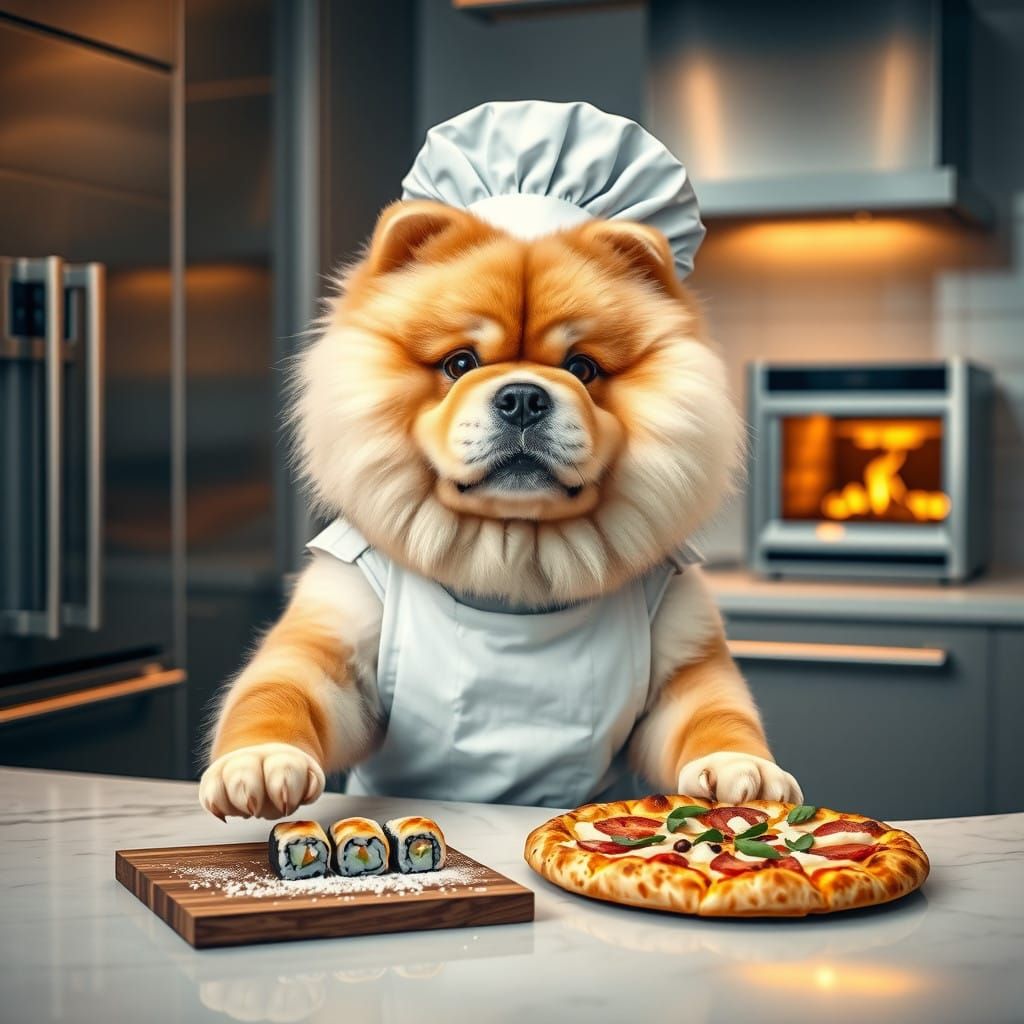 Luxury Kitchen Chef Dog Prepares Gourmet Sushi and Pizza