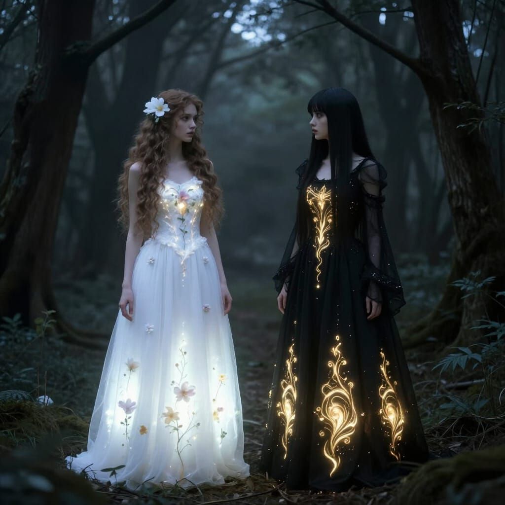 Ethereal Forest Scene: Glowing Dress Woman and Dark Twin