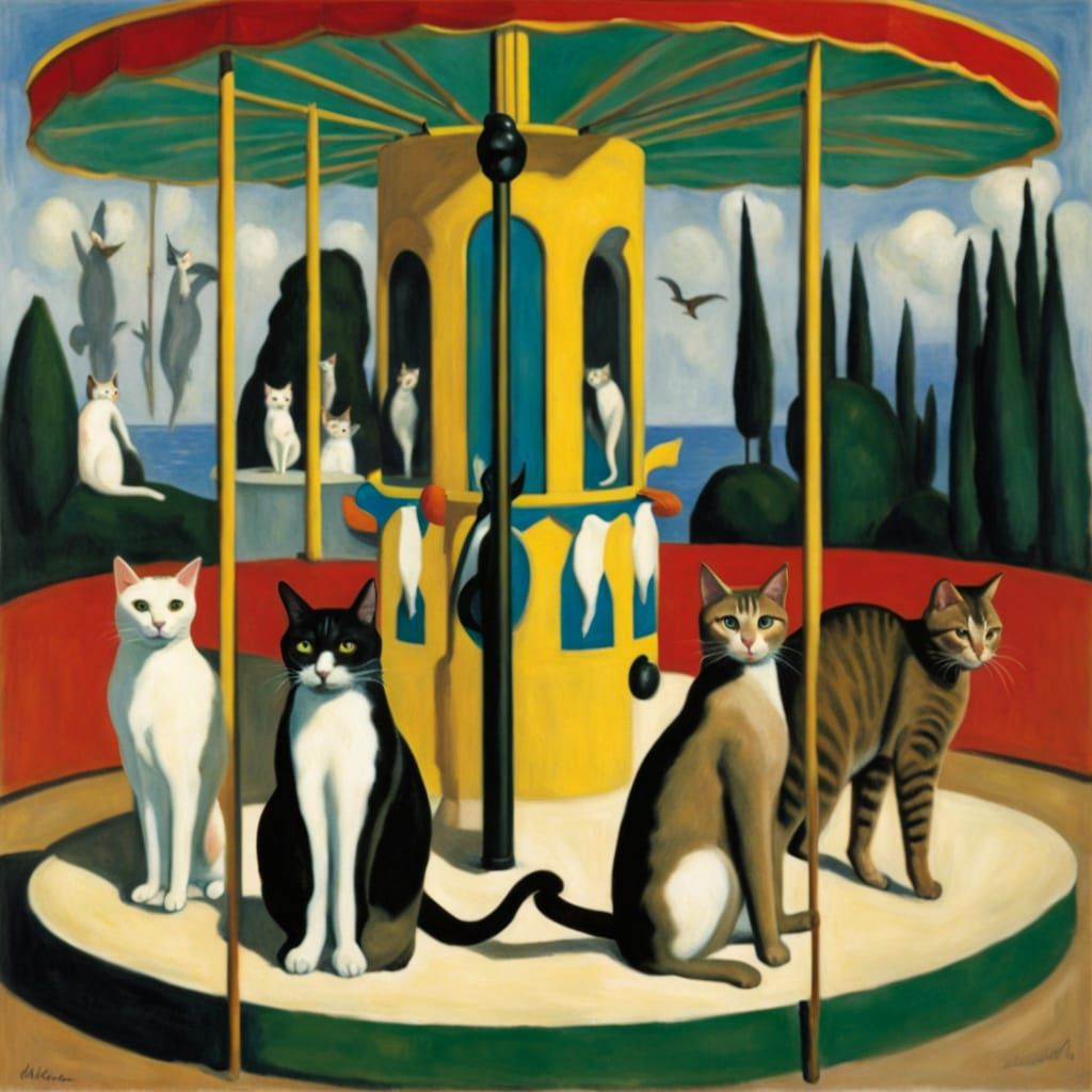 Whimsical Cat and Fish Carousel Art