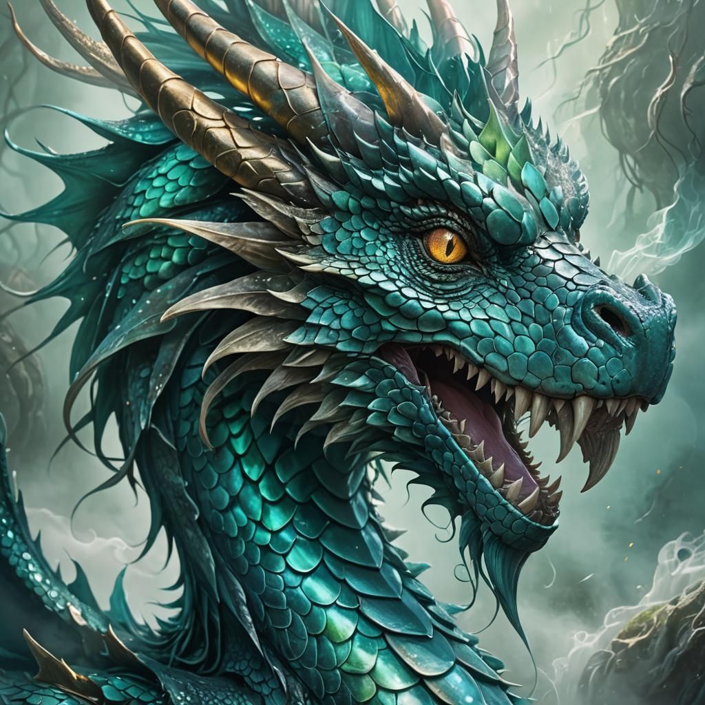 Teal Dragon Head in Misty Digital Art