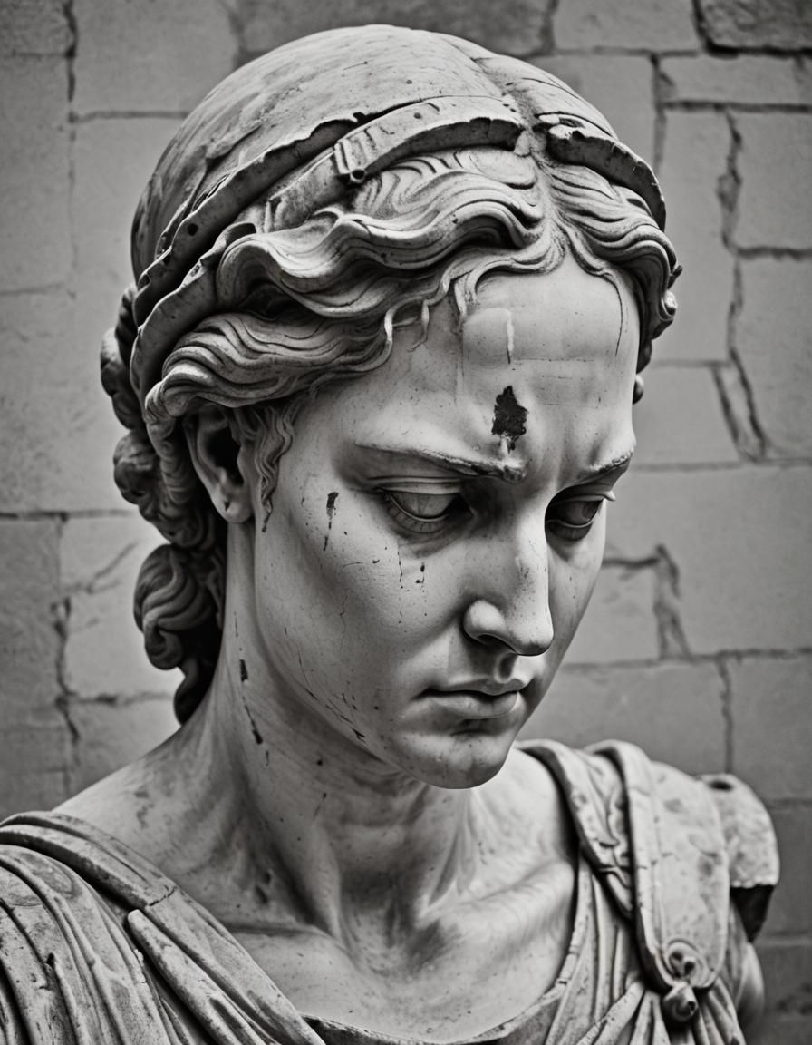Monochrome Portrait of Sad Woman in Greek Statue Style