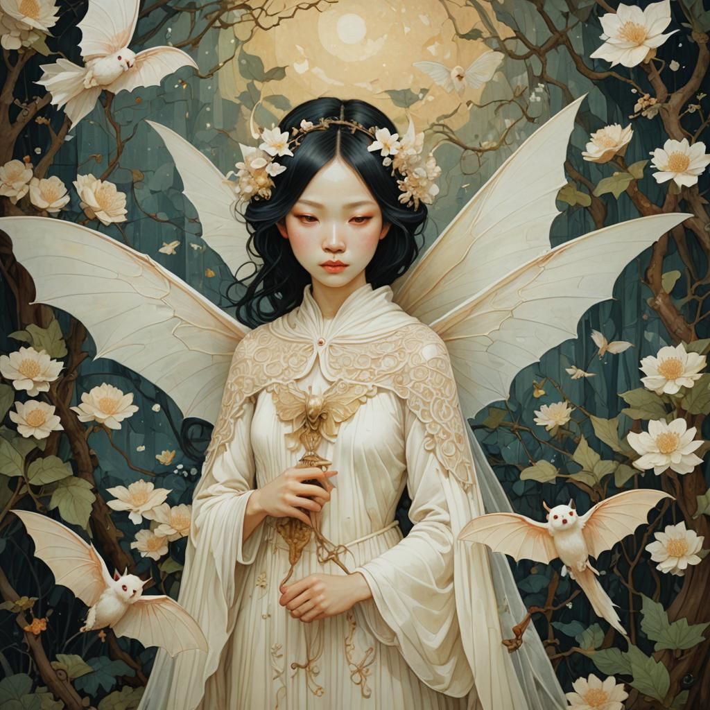 White Bat Fairy in Oil Painting Style