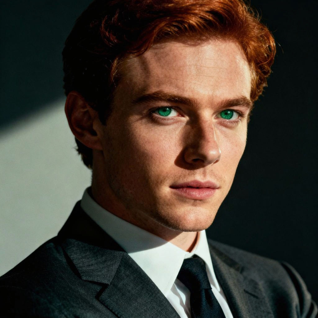 Handsome Executive Man with Auburn Hair and Sea Green Eyes