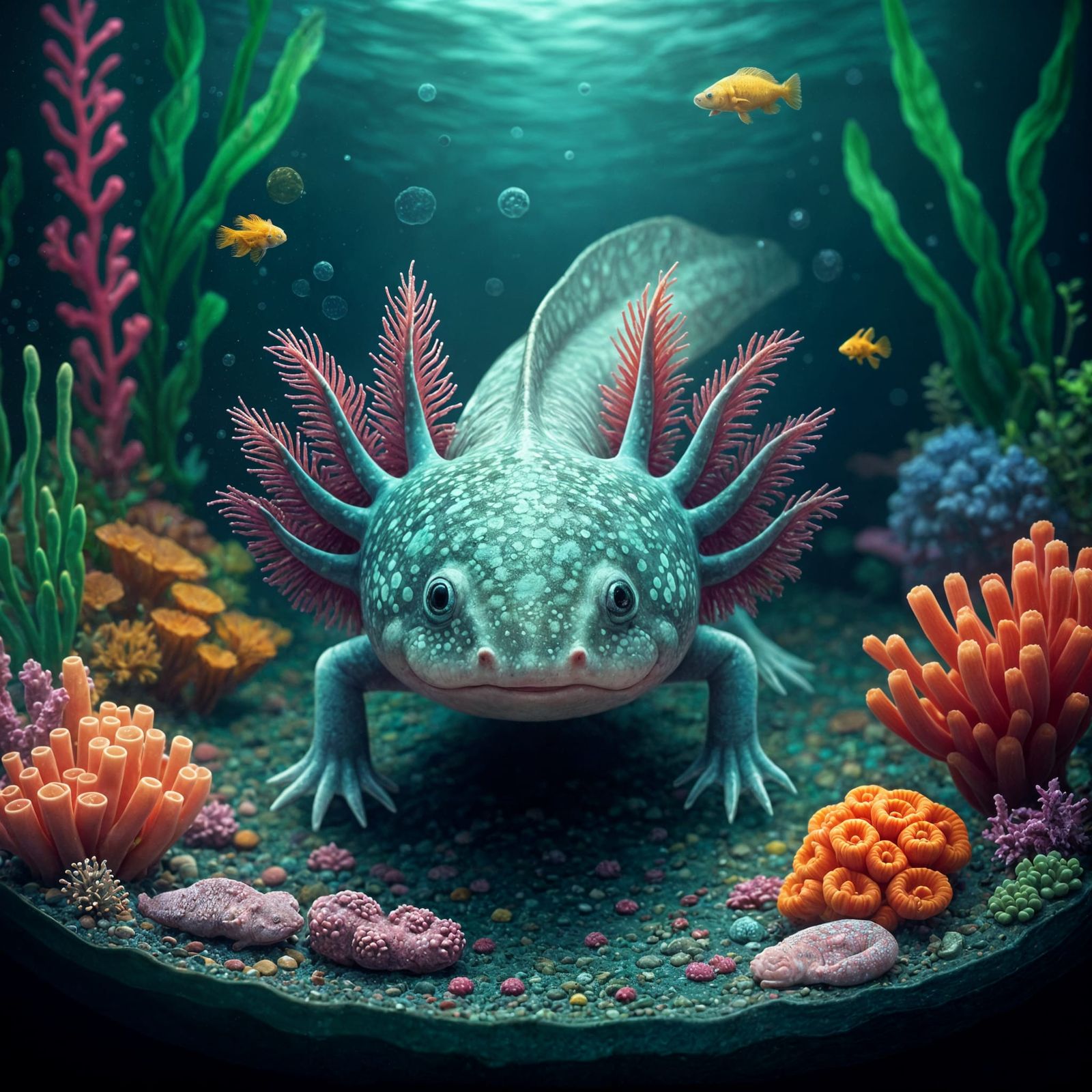 Bio-Luminescent Axolotl Glows in Vibrant Underwater Realm
