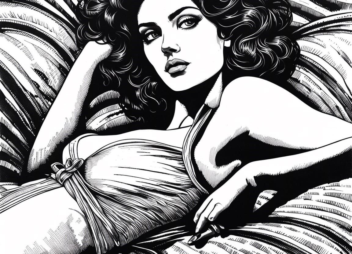 Reclining Girl Ink Illustration in Vintage Style