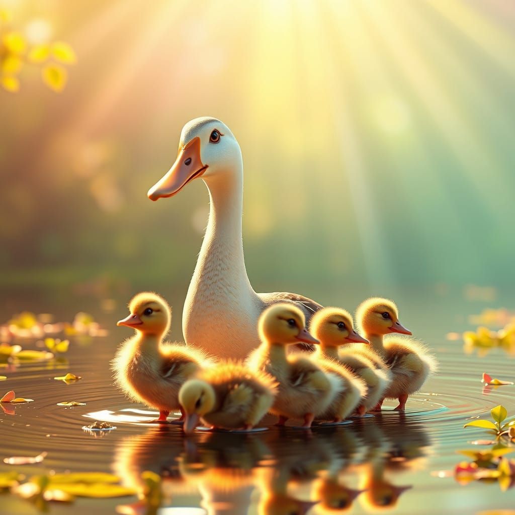 Mother Duck and Her Quacking Brood Adorned in Vibrant Radian...