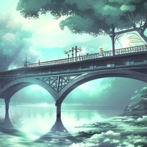 Anime Bridge Over River in Digital Illustration Style