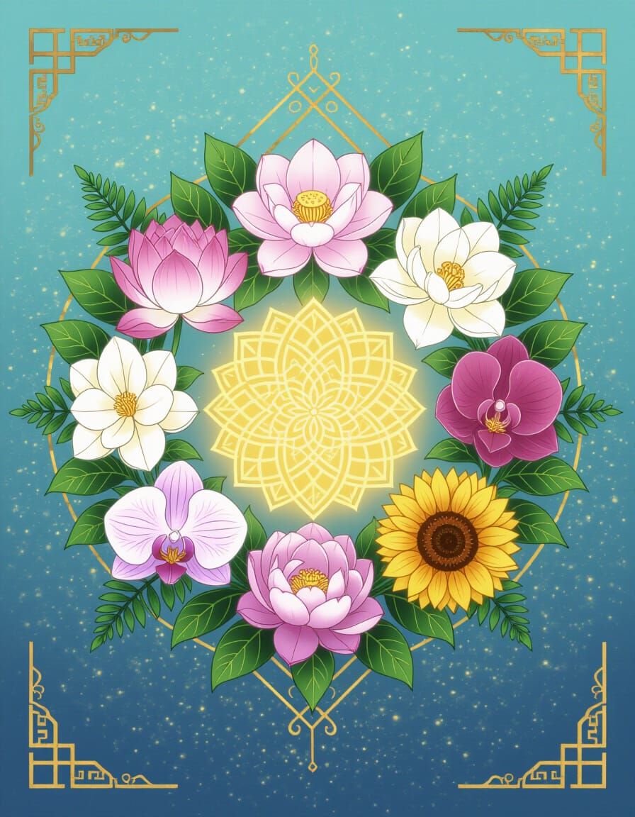Sacred Floral Mandala in Vintage Anime Style