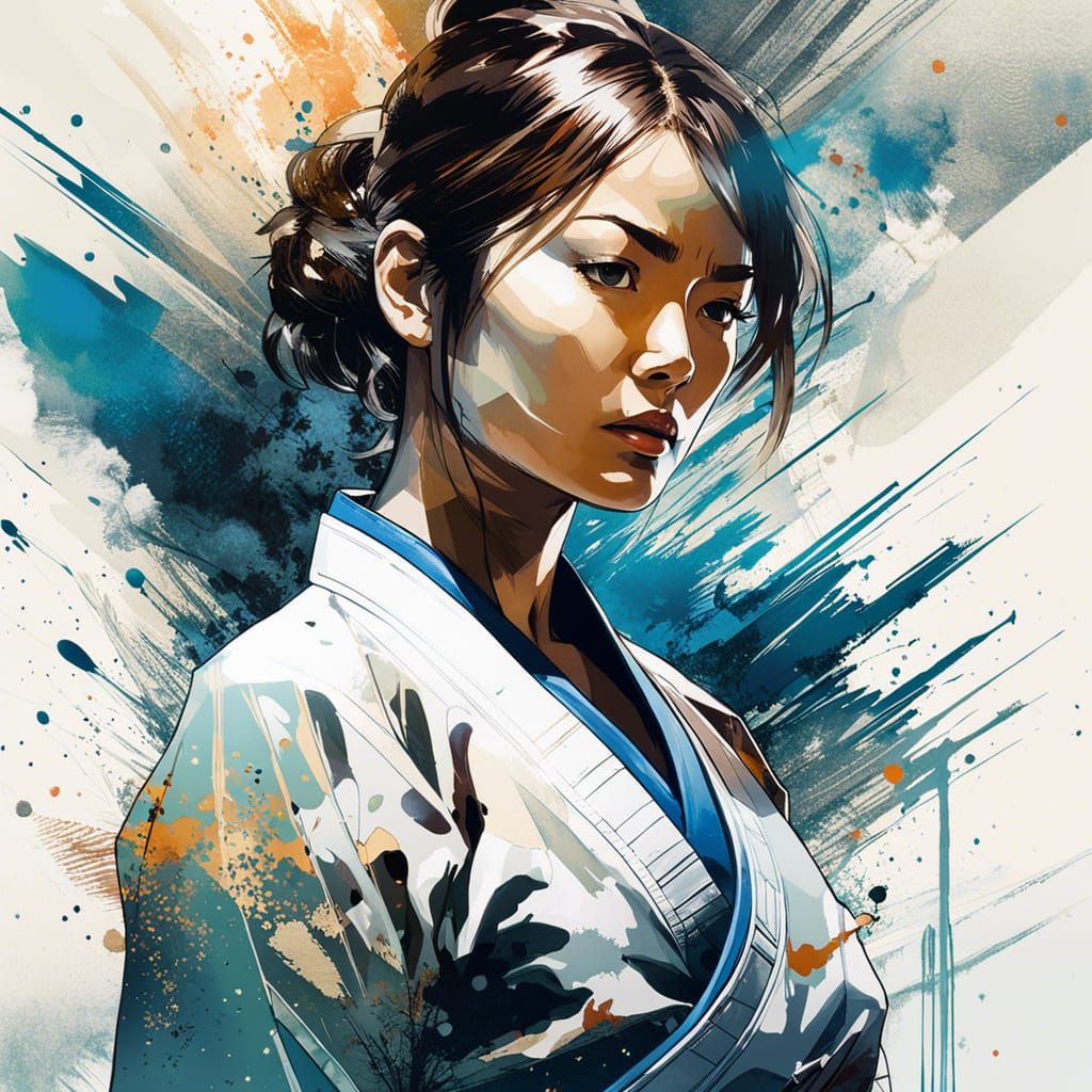Double Exposure Judo Girl Portrait in Manhwa Style