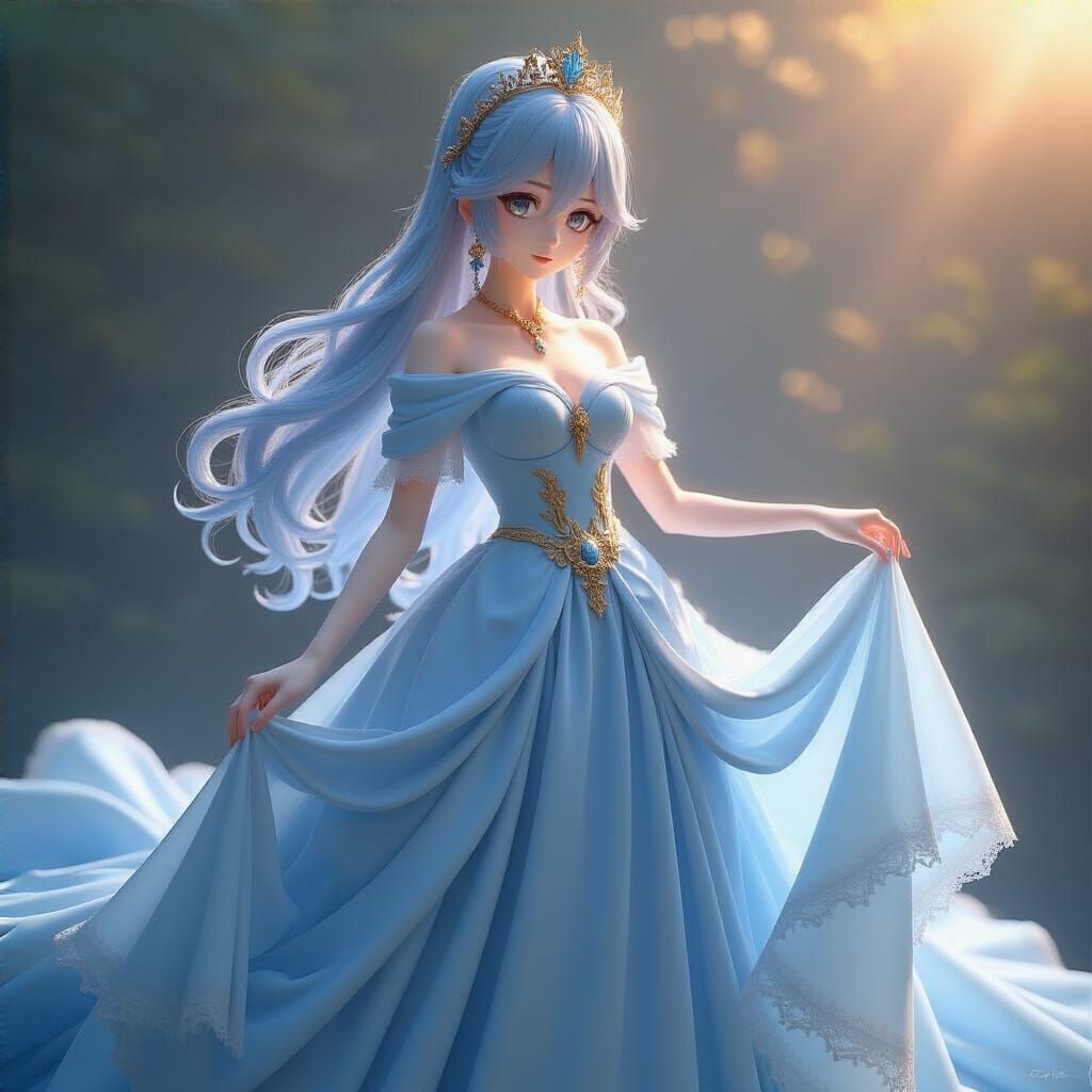 Elegant Anime Queen in Sky Blue Gown