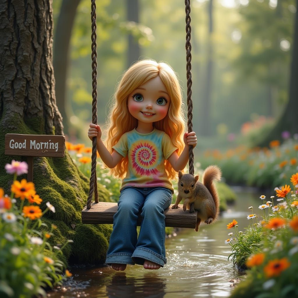 Smiling Girl on Swing in Forest With Flowers