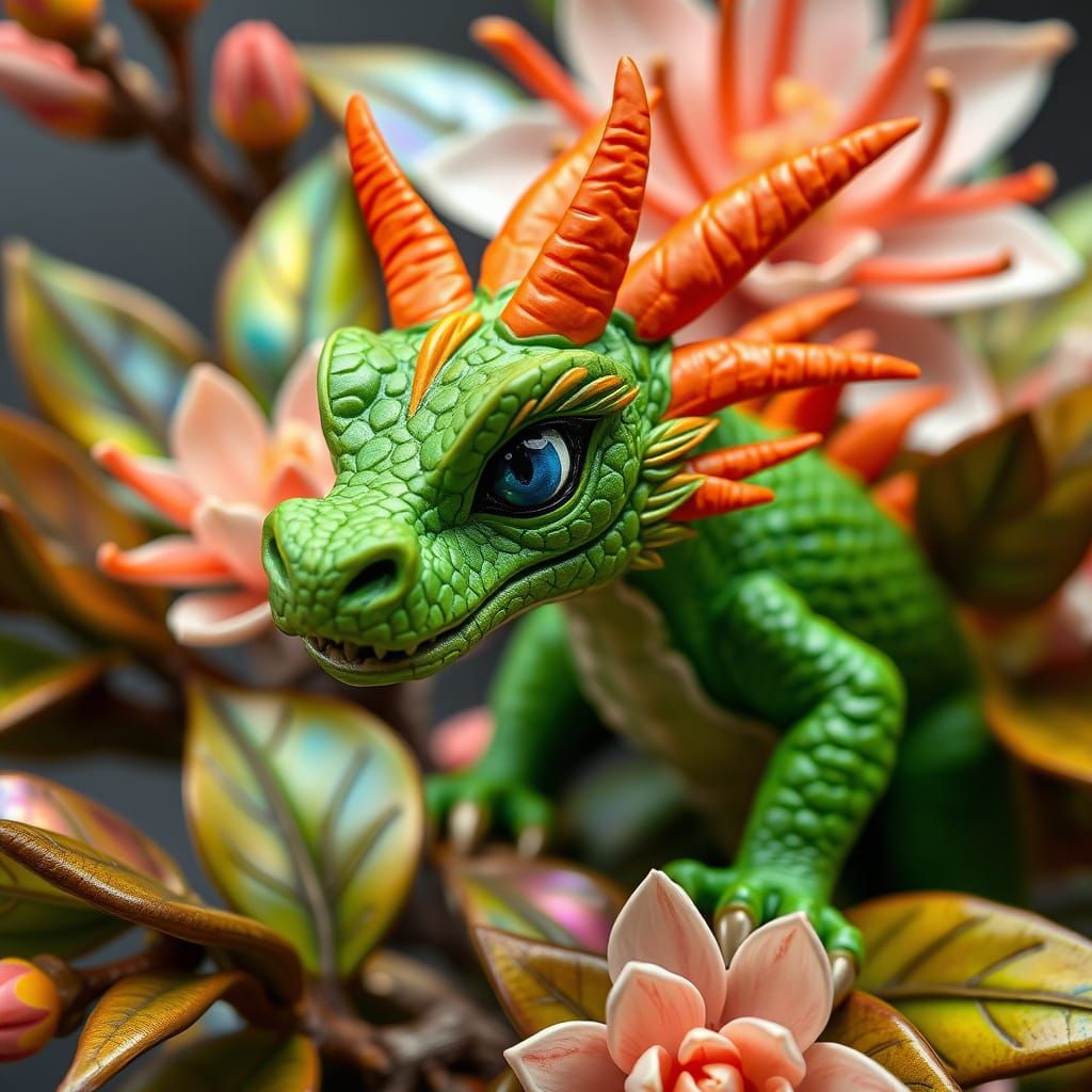 Polymer Clay Dragon Amidst Bottle Brush Flowers