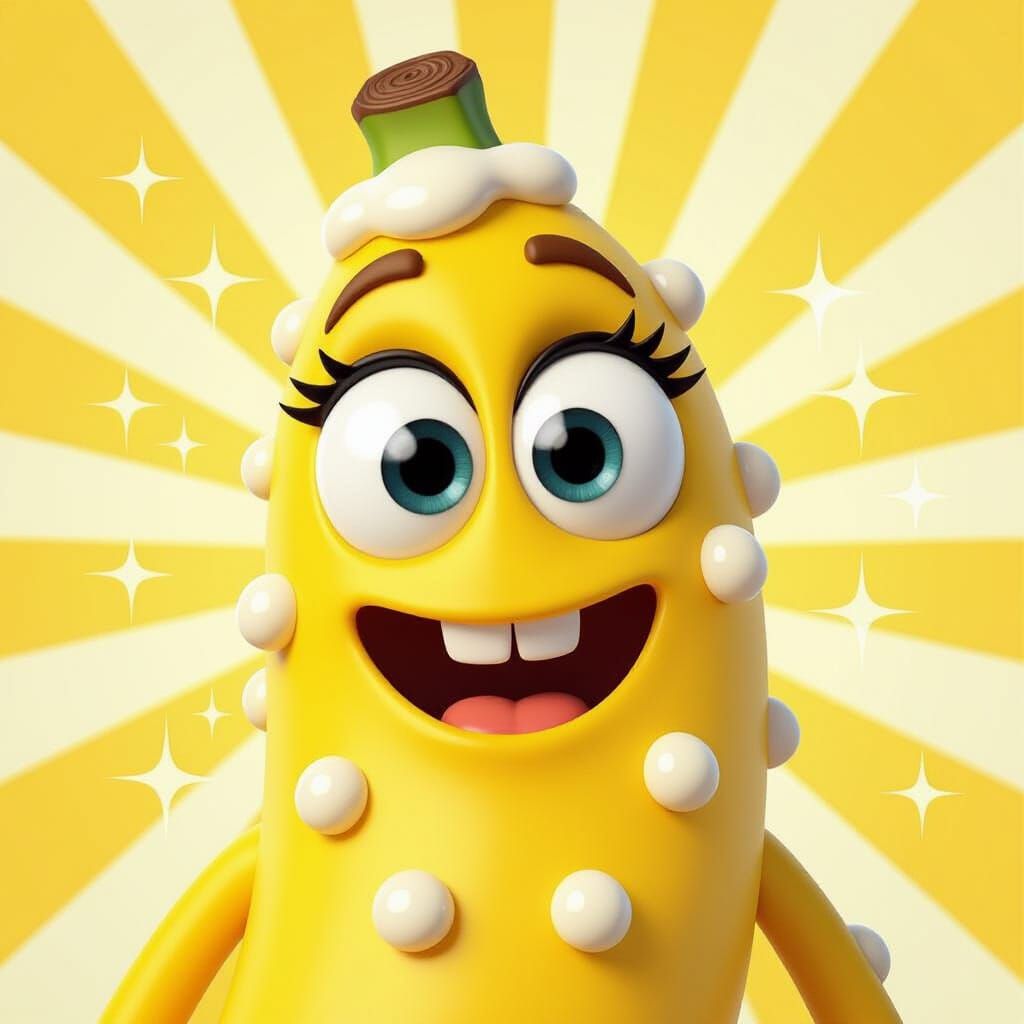 Whimsical Glue-Covered Banana Character in 3D CGI Style
