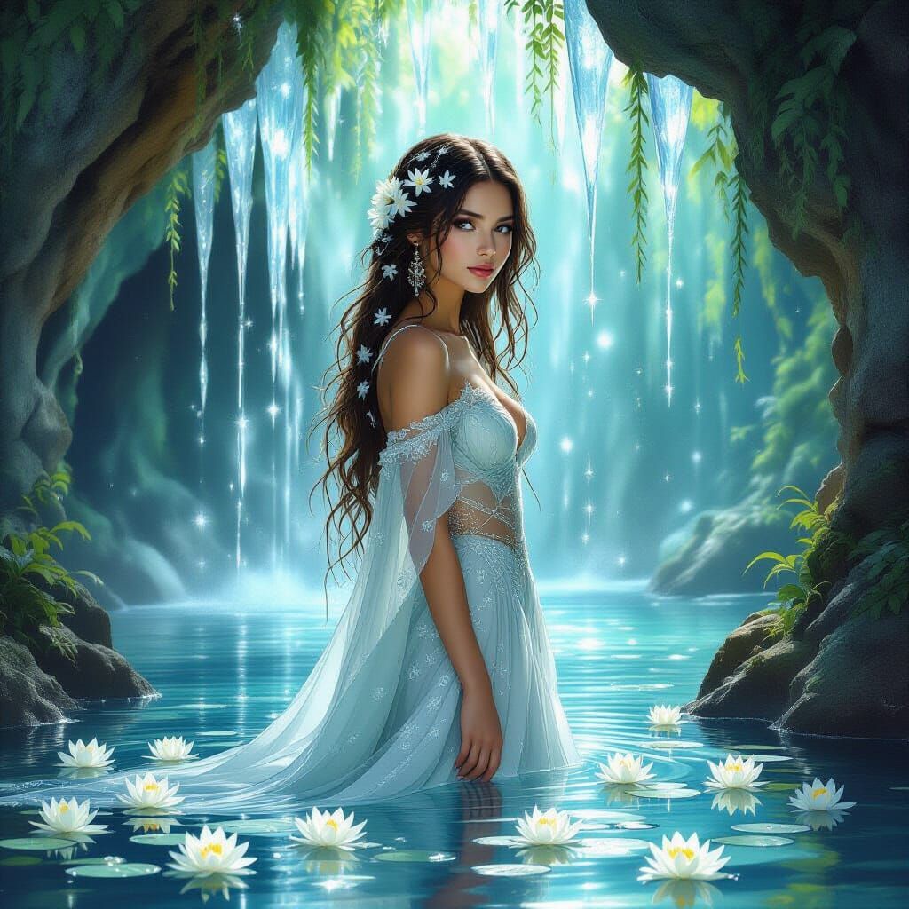 Waterfall Woman in Grotto: A Pre-Raphaelite Art Nouveau Visi...