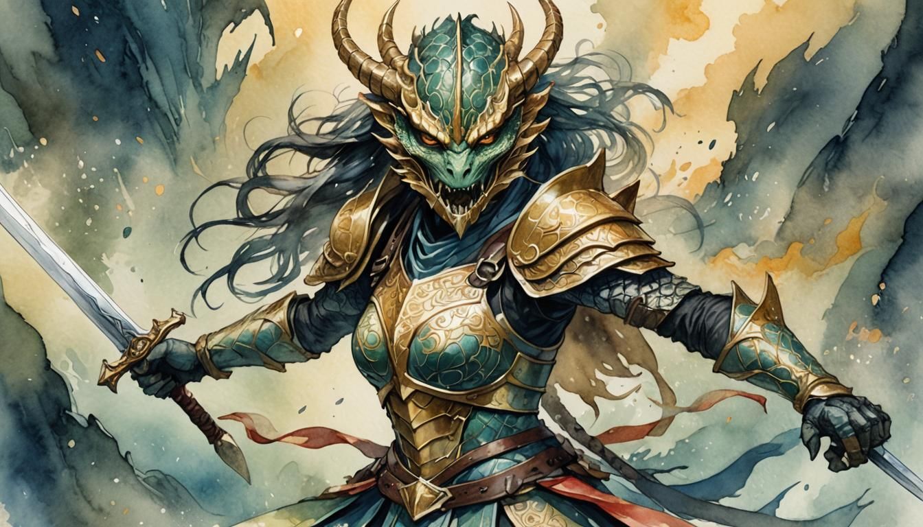 Dragonborn Warrior in Watercolor and Ink Illustration