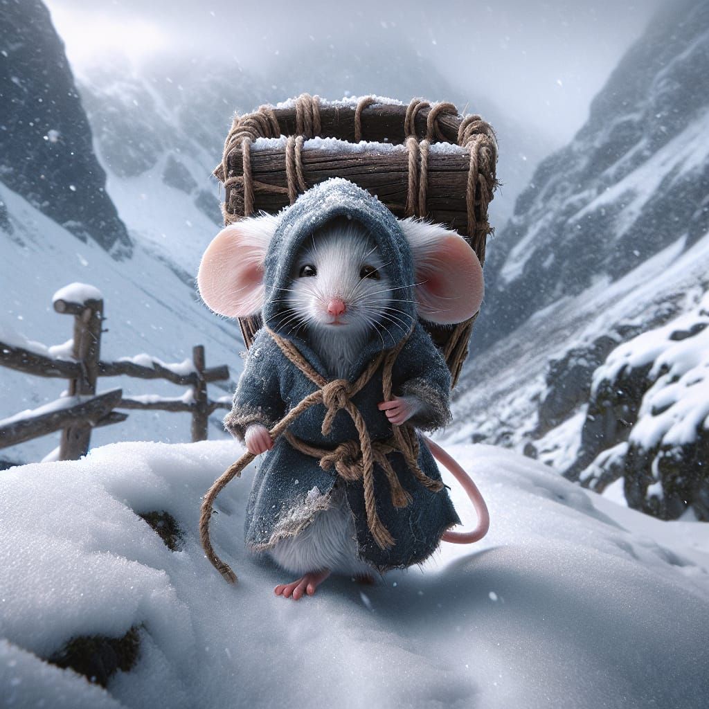 Mouse's Winter Journey Through Snowy Mountains