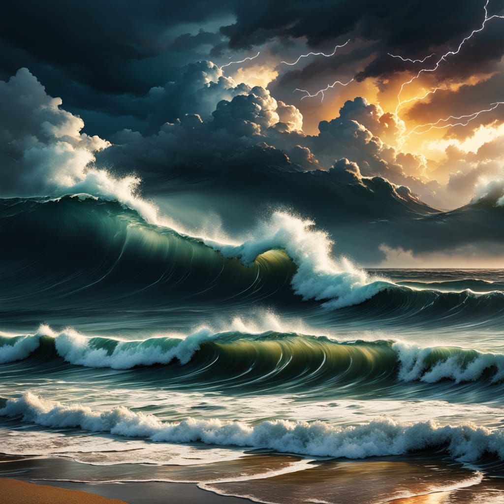 Dramatic Beach Thunderstorm in Oil Painting Style
