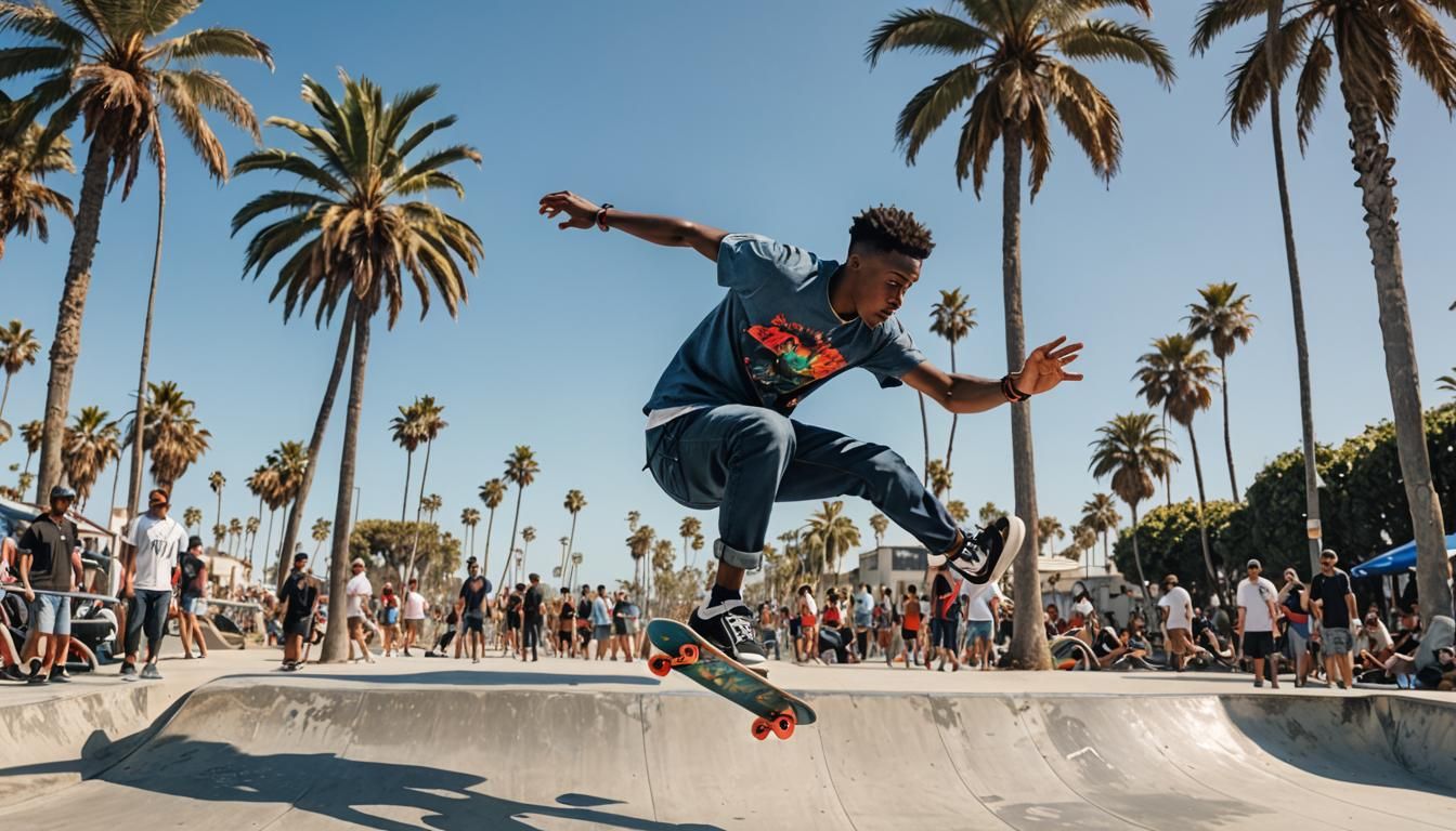 Skateboarding Black Man Soars at Venice Beach: Photorealisti...