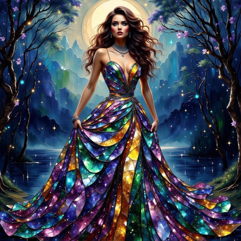 Ethereal Gala Goddess in Stained Glass Gown