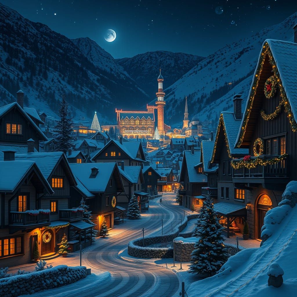 The close-up portrait of the town of Valverde during the nighttime on Christmas Eve Night.