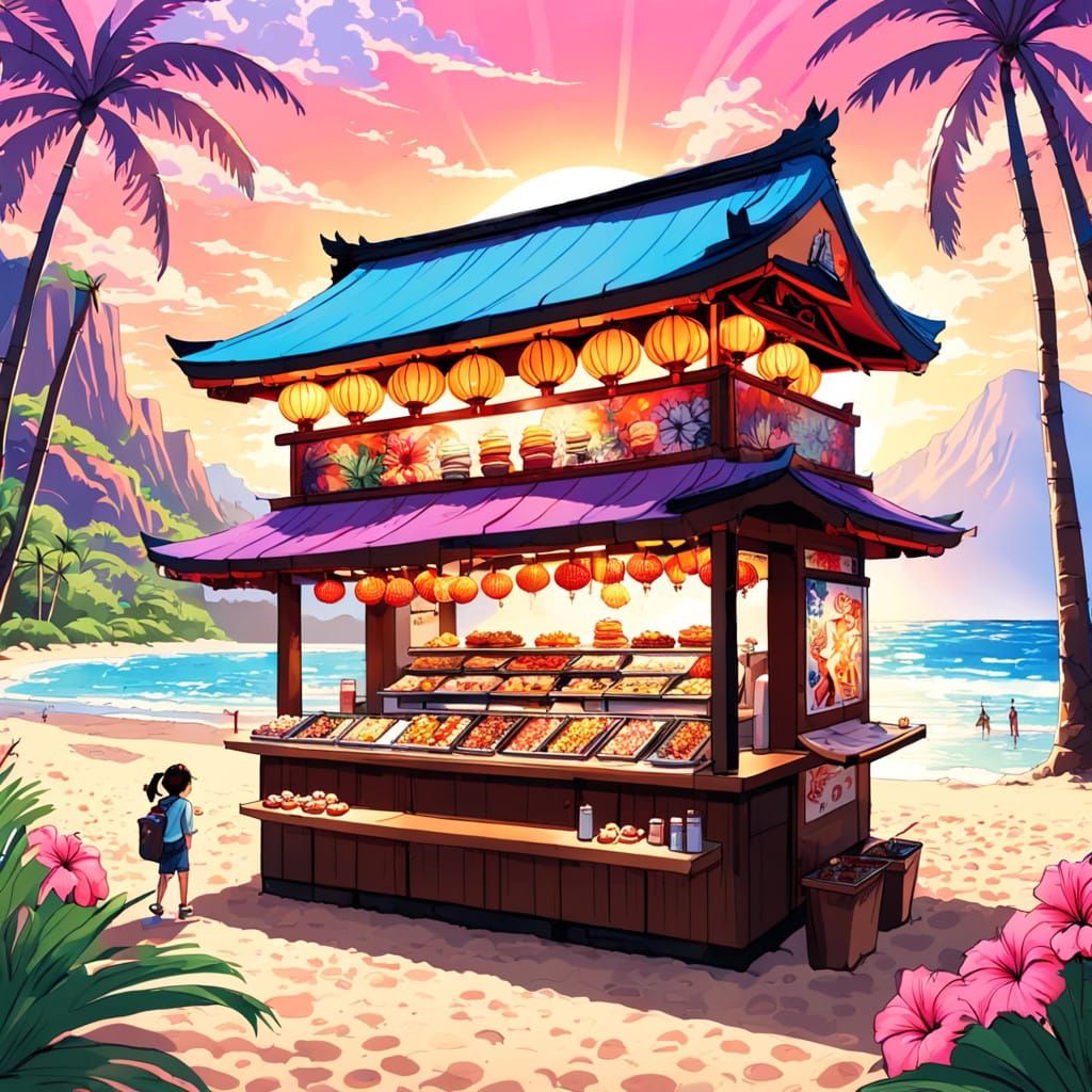 Vibrant Takoyaki Stand in Hawaii, Inspired by Japanese Manga