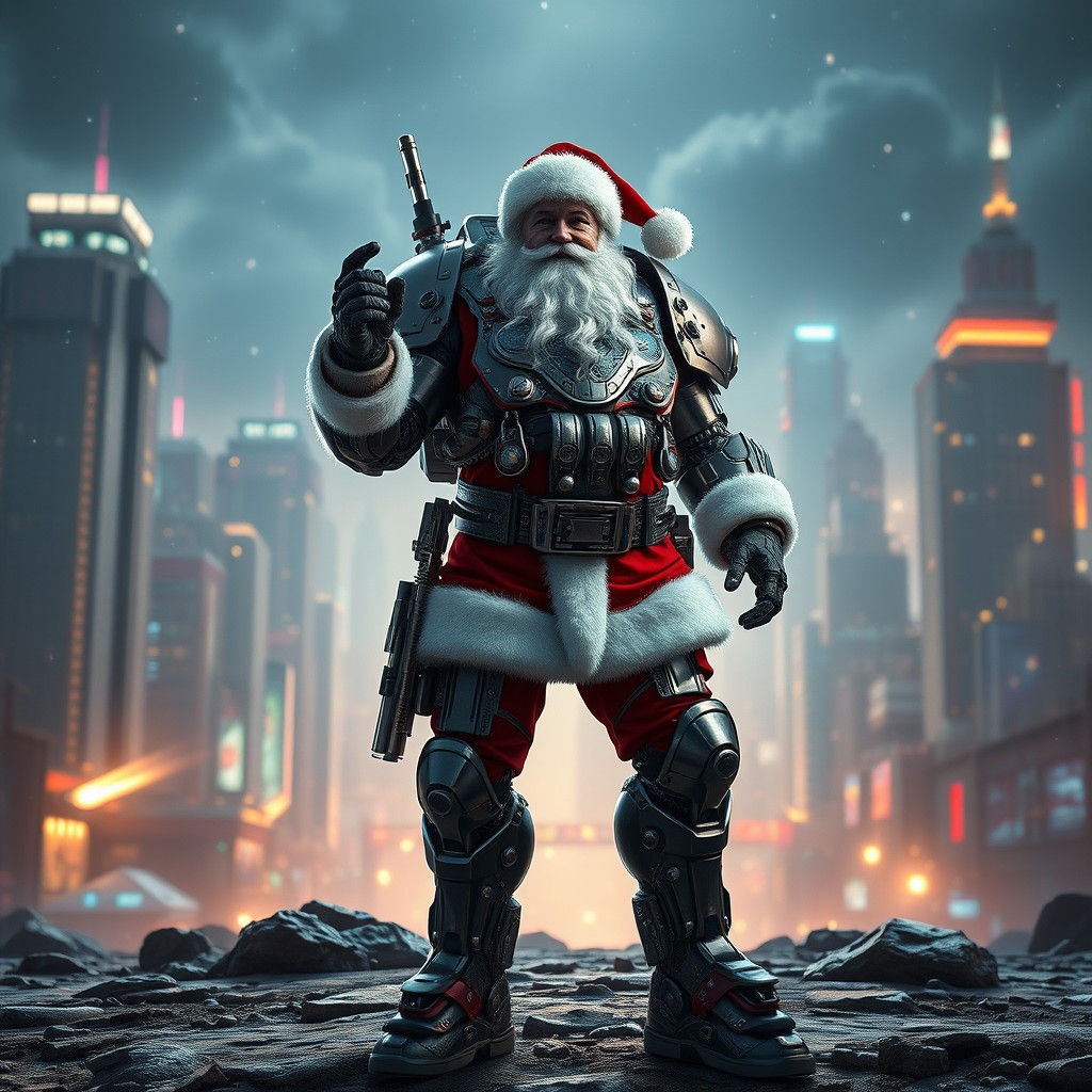 Mechanized Santa Claus in Sci-Fi Cityscape