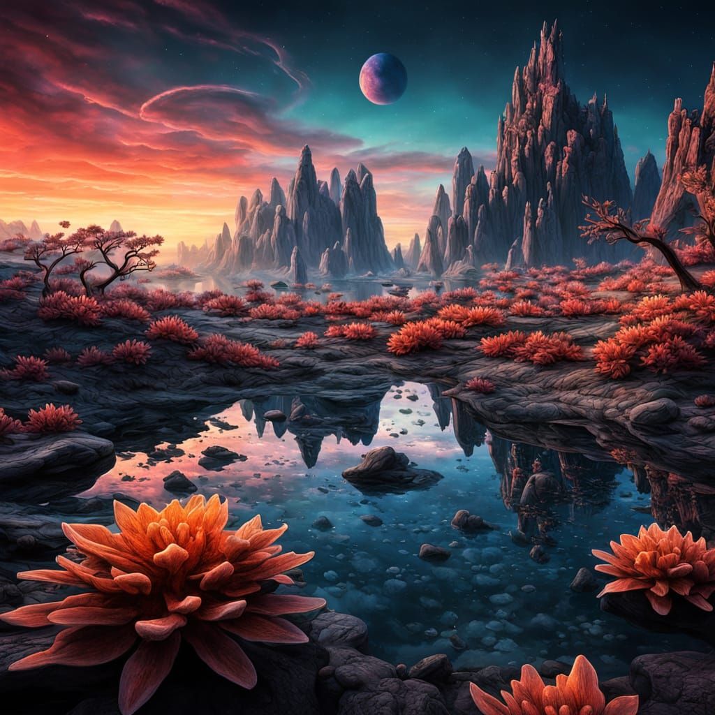 Surreal Alien Planet Landscape with Floating Rocks and Neon ...