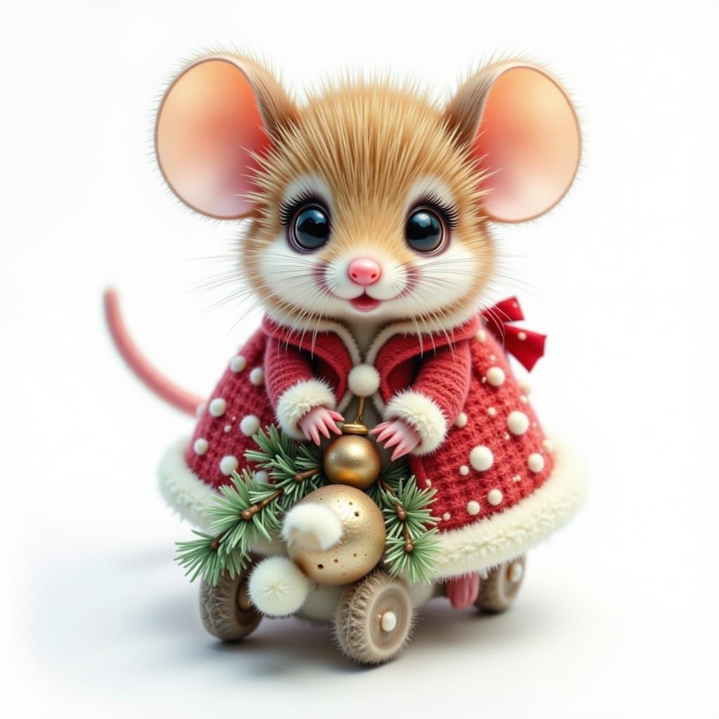 Whimsical Santa Mouse Riding Snowmobile in Cartoon Style