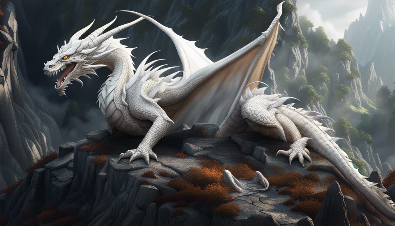 White Dragon Napping on a Mountain in Detailed Painting