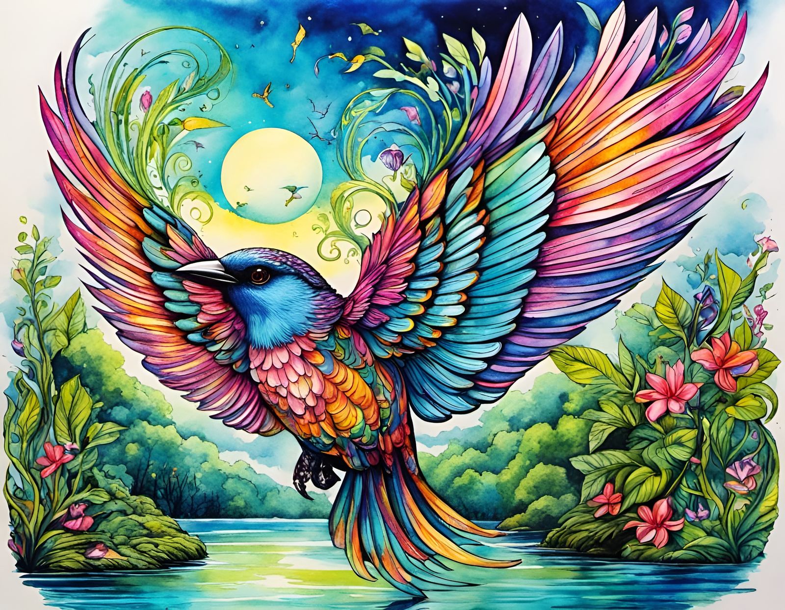 Whimsical fantasy bird, shimmering beautiful wings that glim...