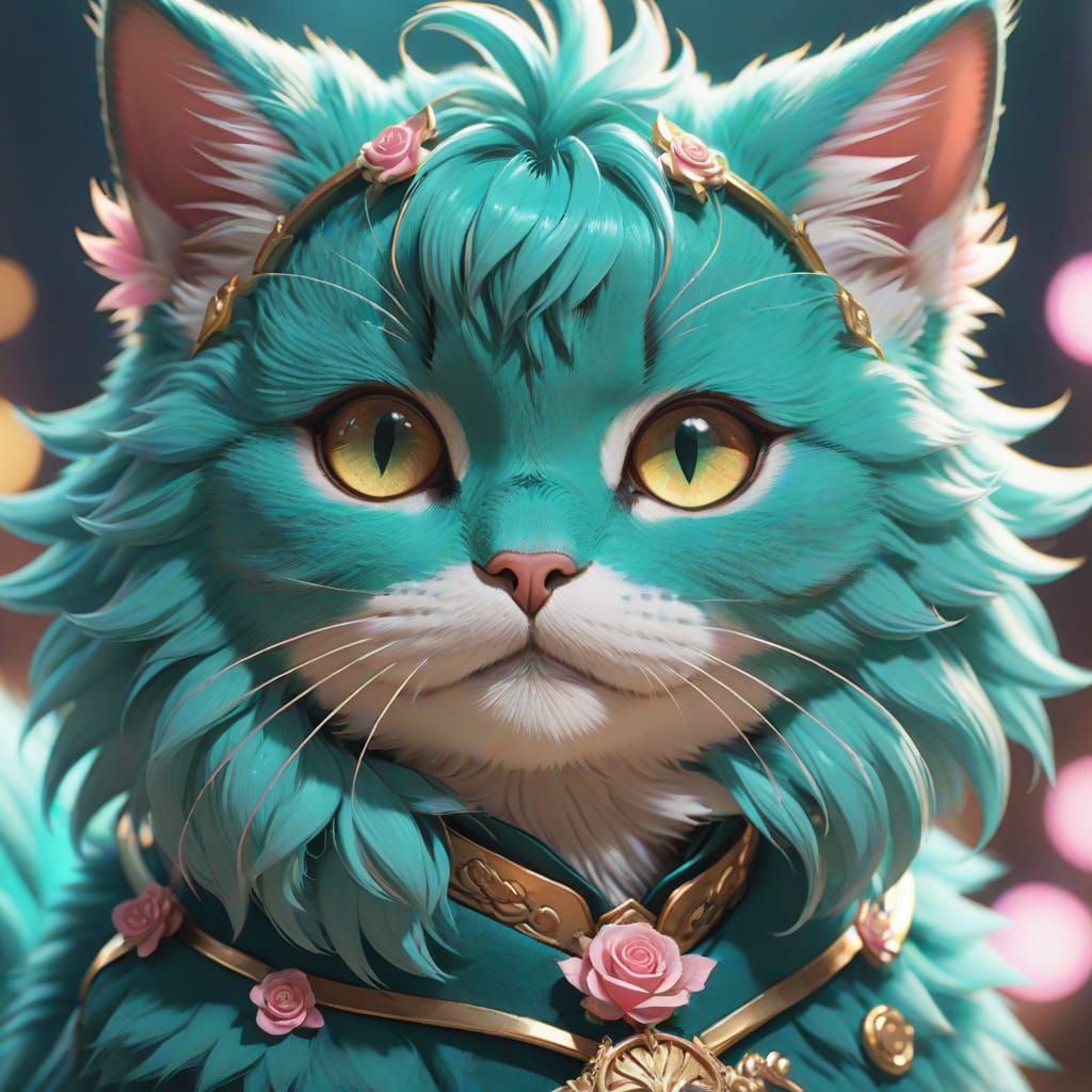 Teal Rose Cat in 3D Anime Style