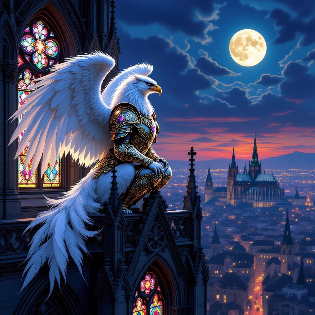 Armored Griffin Cathedral Guardian at Twilight