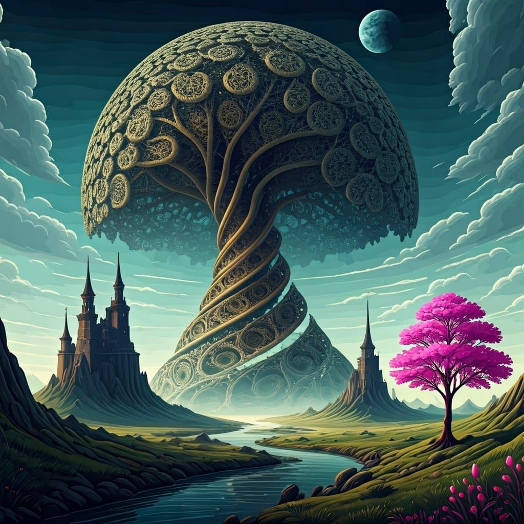 Mystical Landscape with Swirling Fractal Tree