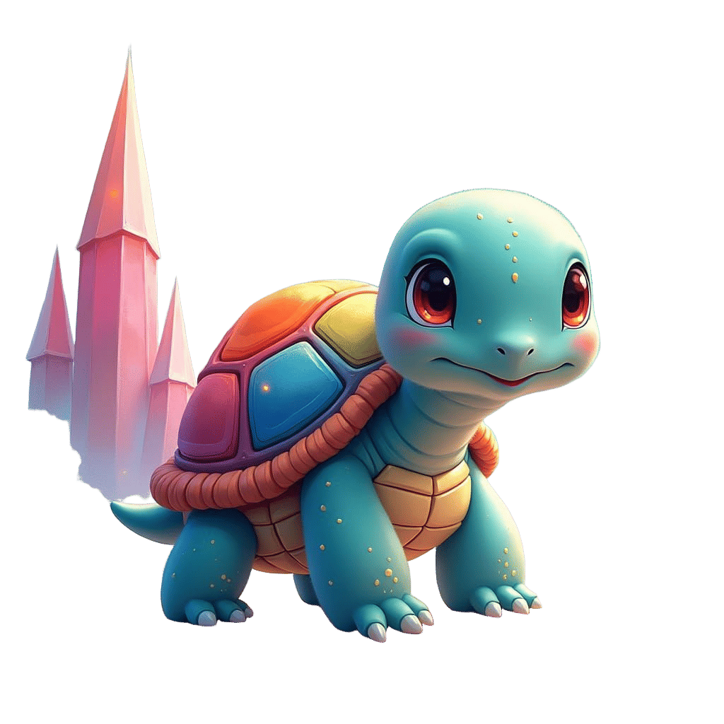Chibi Rainbow Turtle in Fantasy Landscape