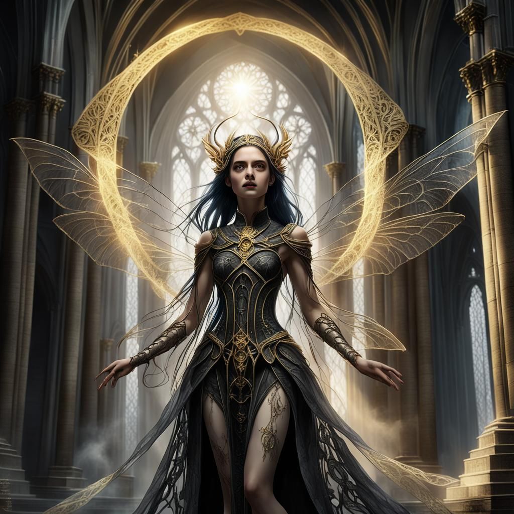 Gothic Fairy of Despair in Cathedral, Fantasy Art