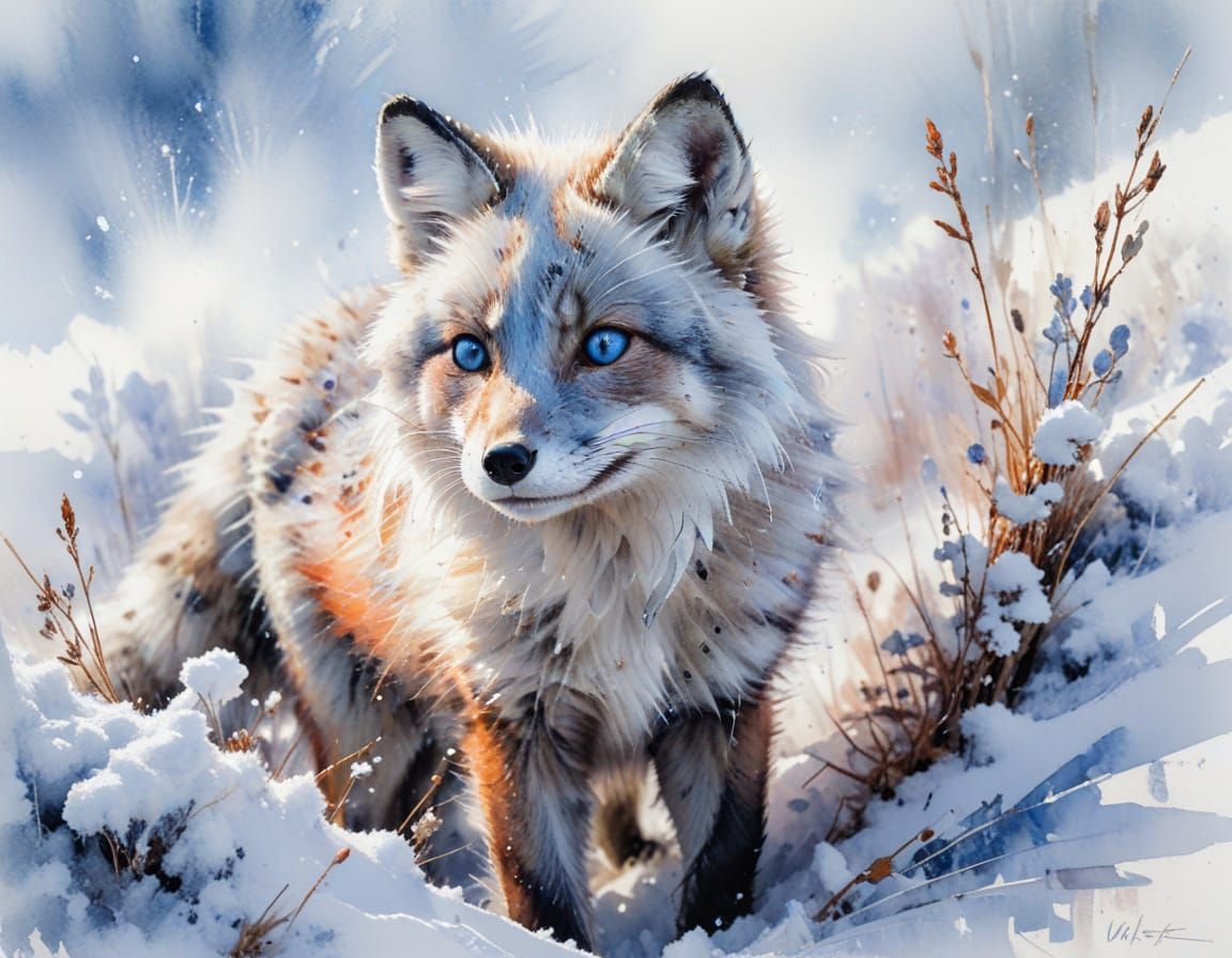 Arctic Silver Fox Cub in Watercolor Style