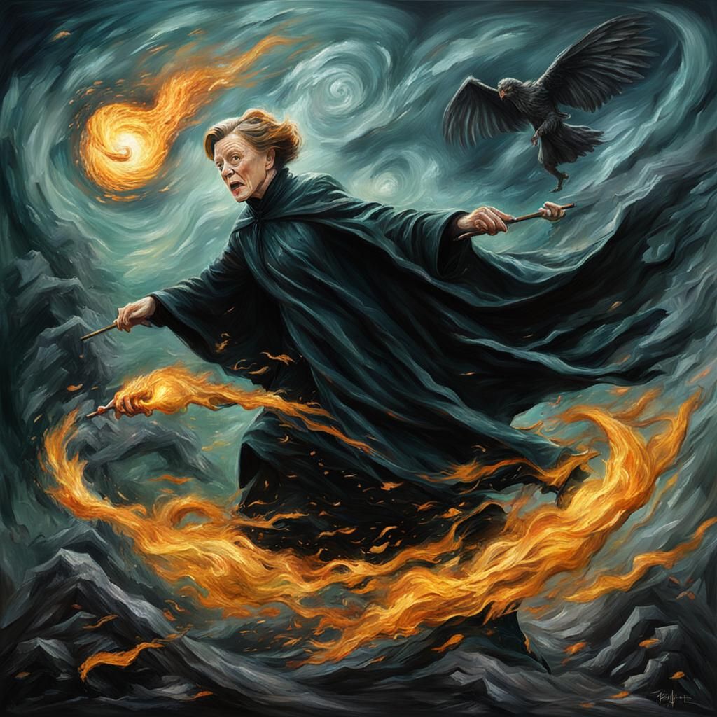 Minerva McGonagall vs. Dementors as Impasto Painting