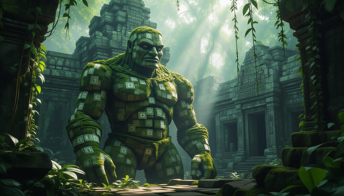 Moss-Covered Banknote Golem Guards Jungle Temple