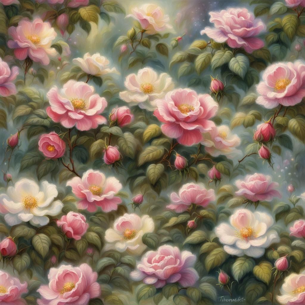 Ethereal Wild Roses in Hyperdetailed Fantasy Style