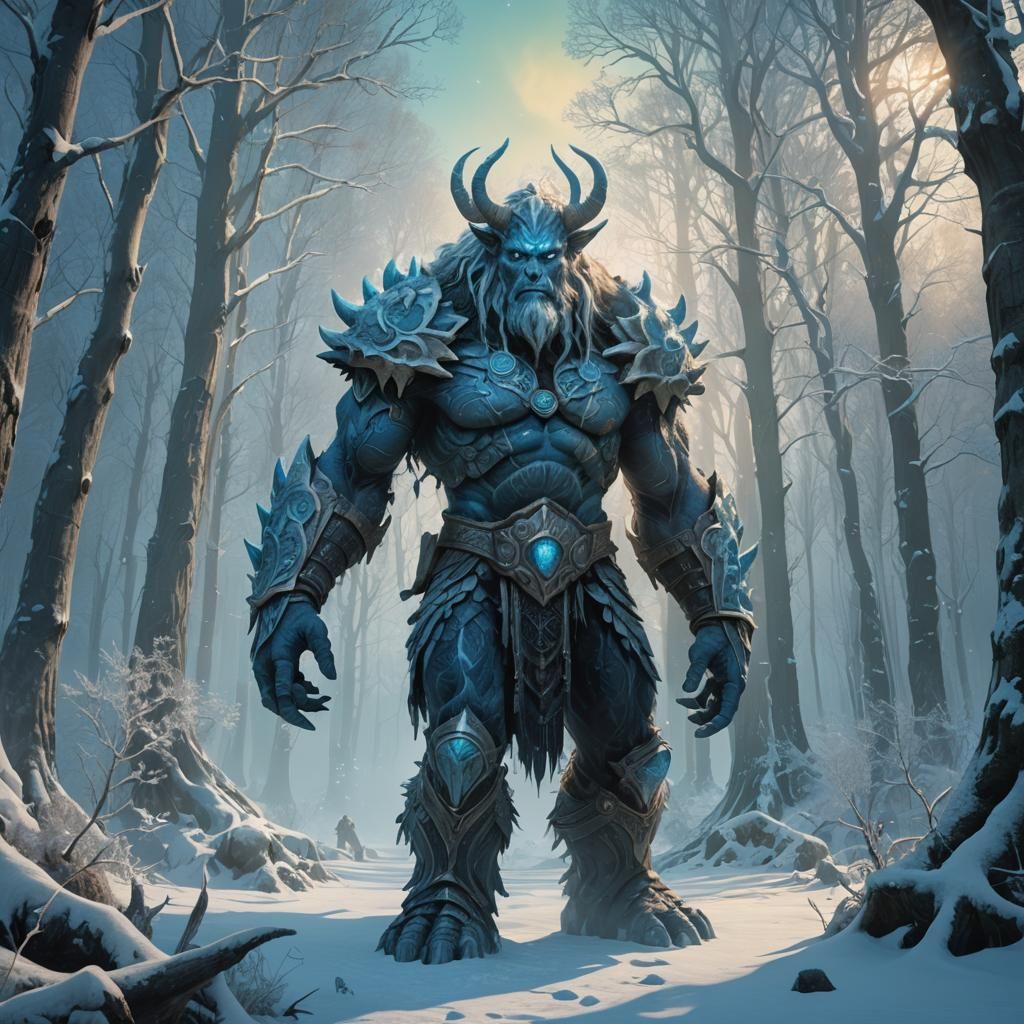 Frost Giant Walks Alone in Snowy Forest